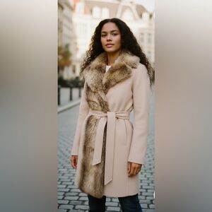 Anthropologie Elevenses Beigh Faux Fur lined trench coat size large